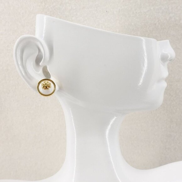 Tory Burch Melodie Pearl Logo Stud Dome Earrings White/Gold OS - Picture 5 of 12
